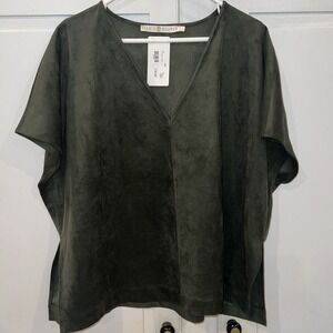 Marie Oliver NWT Olive Green Faux Suede Boxy Top V-neck‎ Medium Split Side